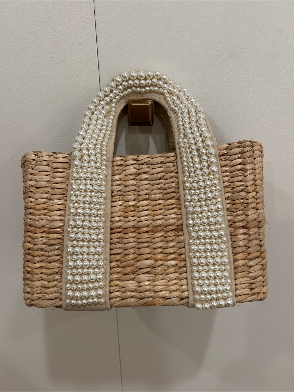 Pearl-Embellished Straw Tote Bag - Natural